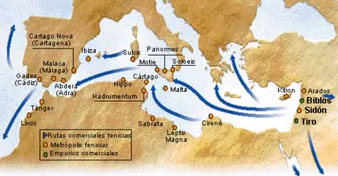 Mapa que indica las rutas de retorno de los guanches desde Fenicia