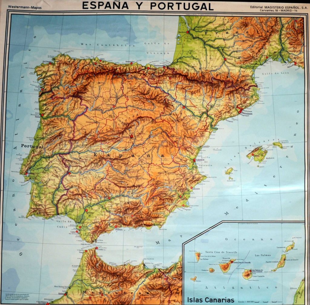 mapa-fisico-de-espana-portugal-y-las-islas-canarias-de-1966